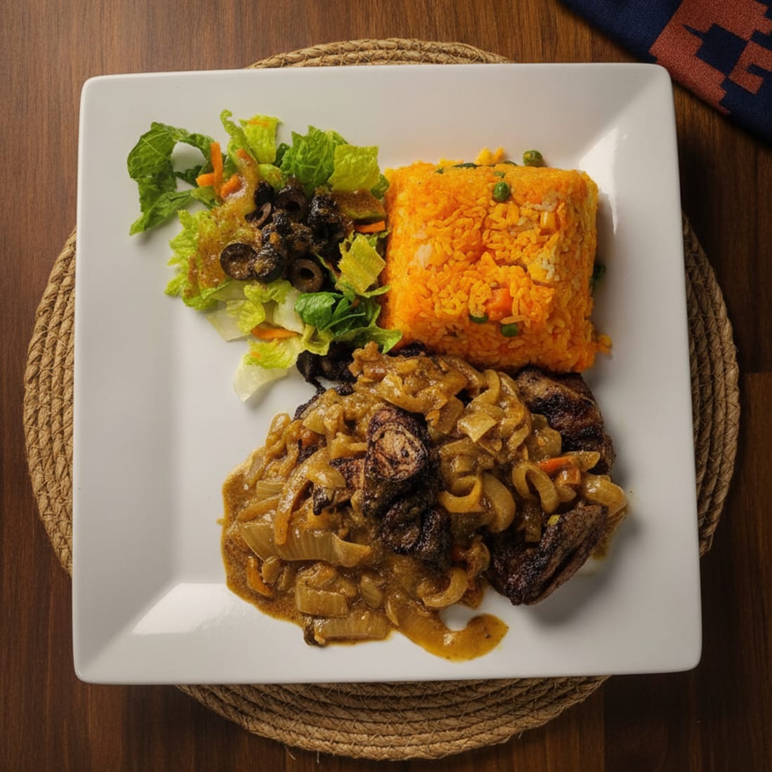 Grilled chicken, jollof rice and salad