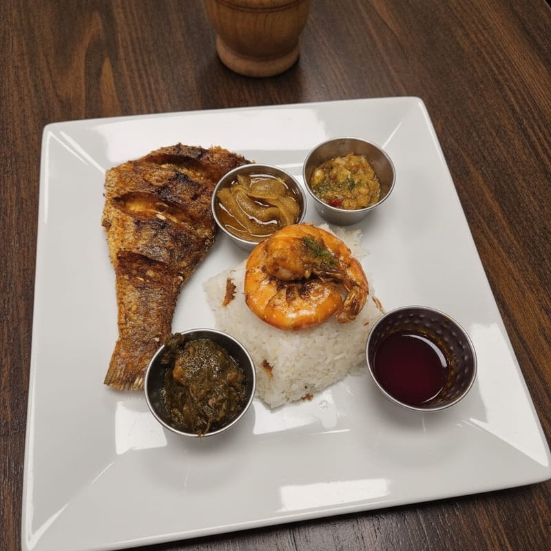 Whole fish with prawn and sauces