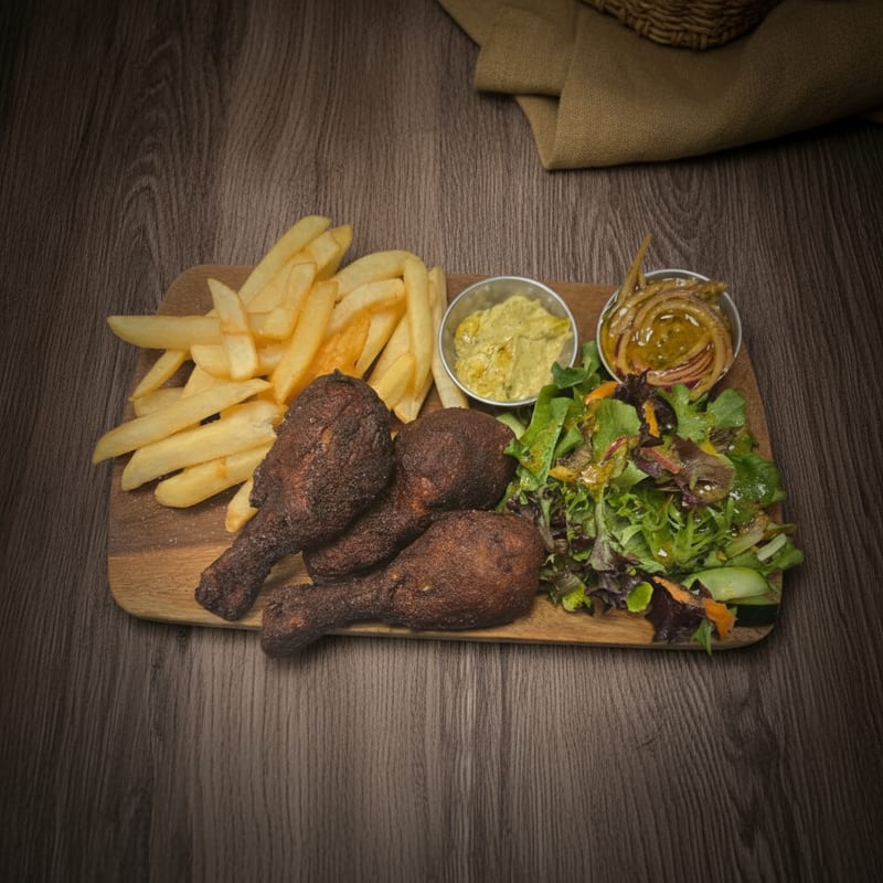 Fried chicken with fries and salad